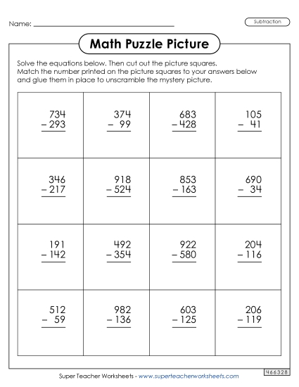 Math Puzzle Picture <br>(3-Digit Subtraction with Regrouping)