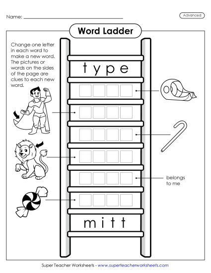 New Advanced Word Ladder: Type to Mitt Worksheet