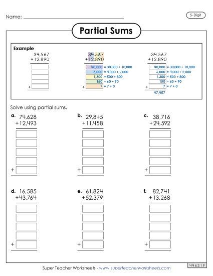 New 5-Digit Partial Sums Addition (with Example) Spanish Worksheet New 5-Digit Partial Sums Addition (with Example) Spanish Worksheet