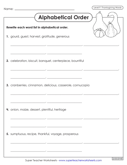 Alphabetical Order Worksheet (Thanksgiving) Spelling F Worksheet