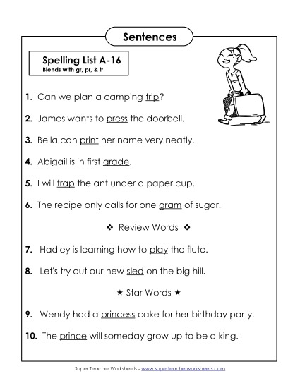 Spelling Test Sentences (A-16) 