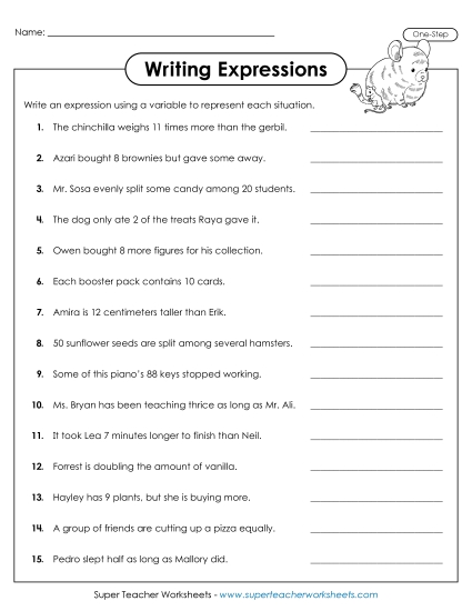 New Writing 1-Step Expressions Worksheet