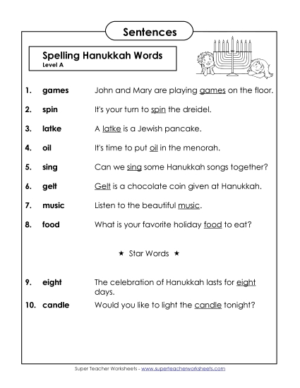 Spelling Test Sentences (A-Hanukkah) 