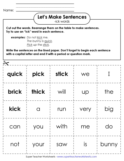 Make Sentences: Word Cards (-ick)