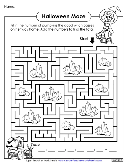Addition Maze (Hard) Halloween Worksheet