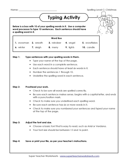 Typing Sentences (C-Christmas)  Spelling C Worksheet