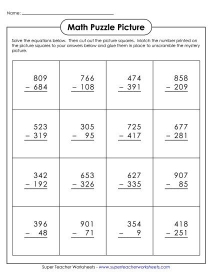 Subtraction Addition: Frankenstein Cut-and-Glue Mystery Puzzle Worksheet