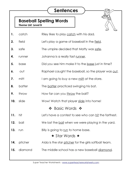 Spelling Test Sentences (B-Baseball)