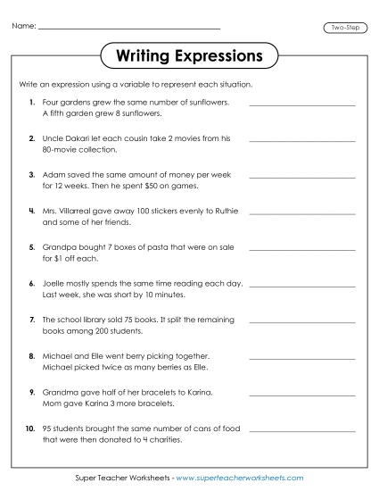 New Writing 2-Step Expressions with Variables Worksheet