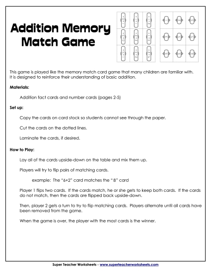 Addition Memory Match Game