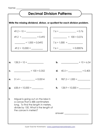 Decimal Division Patterns (Missing Numbers)