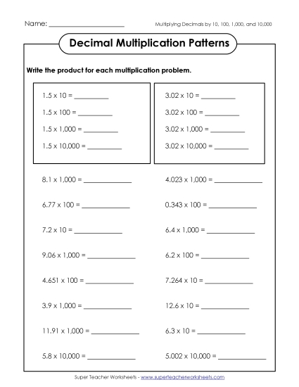 Decimal Multiplication Patterns (Thousandths)