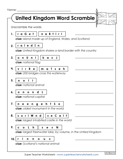 United Kingdom Word Scramble