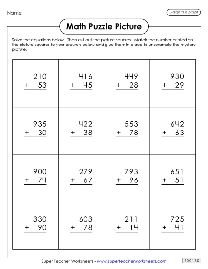 Addition Puzzle Picture: Thanksgiving (3-Digit Plus 2-Digit) Worksheet