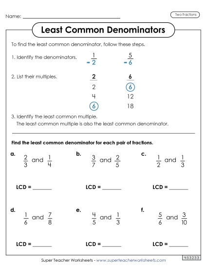 LCD Worksheet with Steps (2 Fractions)