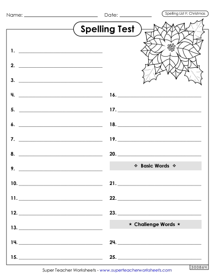 Spelling Test (Christmas) Spelling F Worksheet
