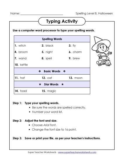 Typing Activity (B-Halloween) Spelling B Worksheet