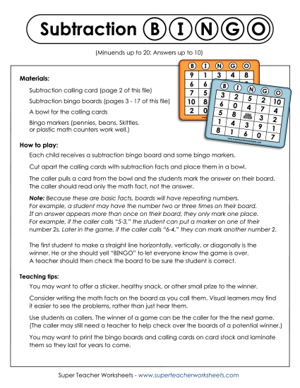 Subtraction Bingo<br>(Minuends up to 20)