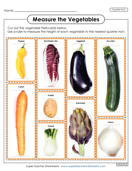 Flash Cards: Measure the Vegetables (Nearest Quarter Inch)