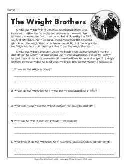 The Wright Brothers (Short Biography) 5th Grade Reading Comprehension ELA Worksheet
