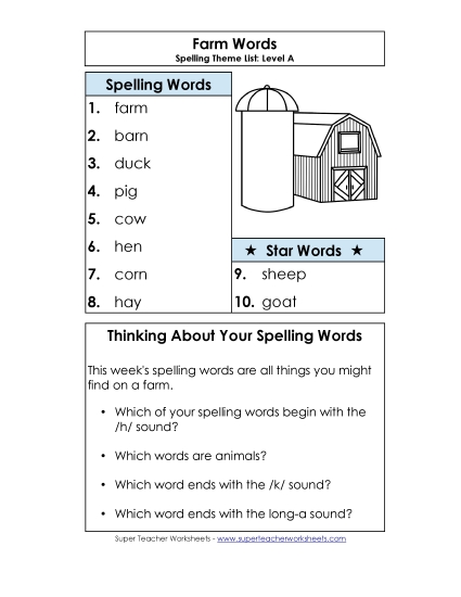 Spelling List (A-Farm Words)