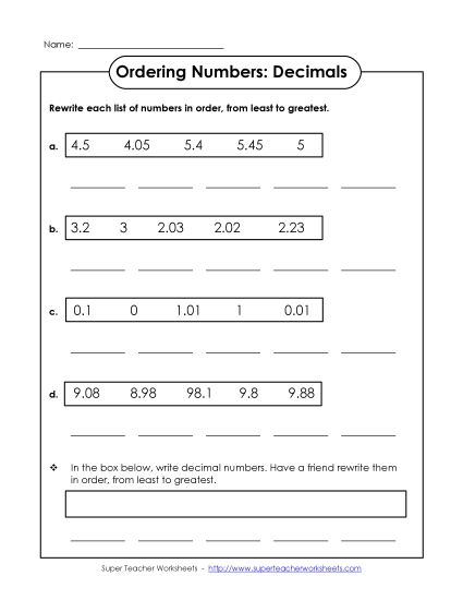 Ordering Worksheet<br>(Up to Hundredths)