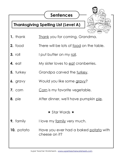 Spelling Test Sentences (A-Thanksgiving)  Spelling A Worksheet