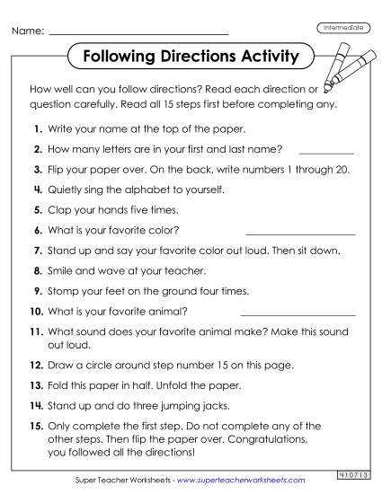 Following Directions Activity (Intermediate)