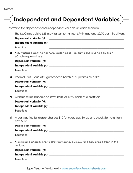 New Determine Independent and Dependent Variables <br>and Write Equations Worksheet