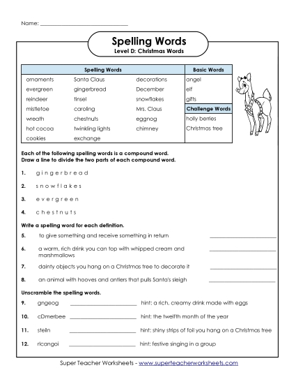 Spelling Question Worksheet (D-Christmas)  Spelling D Worksheet