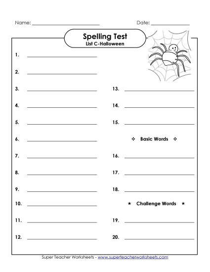 Spelling Test (C-Halloween)  Spelling C Worksheet