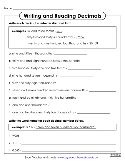 Reading and Writing Decimals<br>(Word Name: Thousandths)