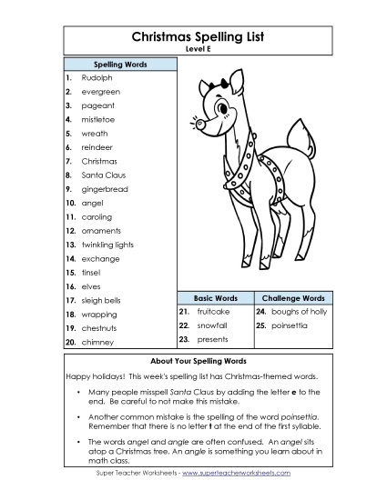 Spelling List: Christmas Free Spelling E Worksheet