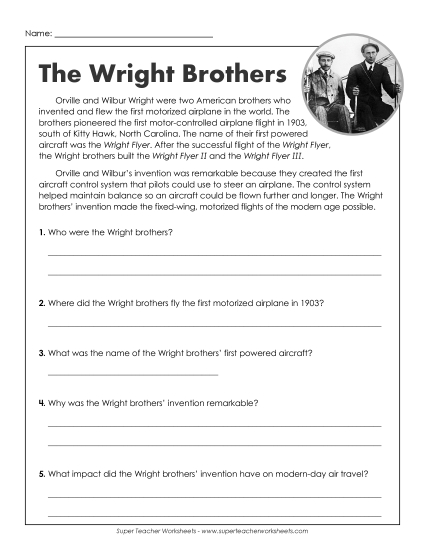 The Wright Brothers<br>(Short Passage w/ Questions)