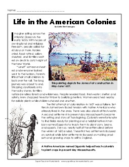 Life in the American Colonies (Article & Questions) 5th Grade Reading Comprehension Social Studies Worksheet