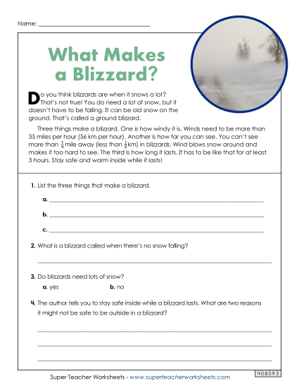 Blizzards (Short, Nonfiction) 2nd Grade Reading Comprehension Reading Comp Short Worksheet