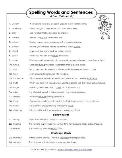 Spelling Test Sentences (D-6)