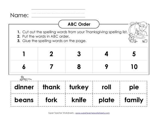 ABC Order: Cut and Glue (B-Thanksgiving)  Spelling B Worksheet