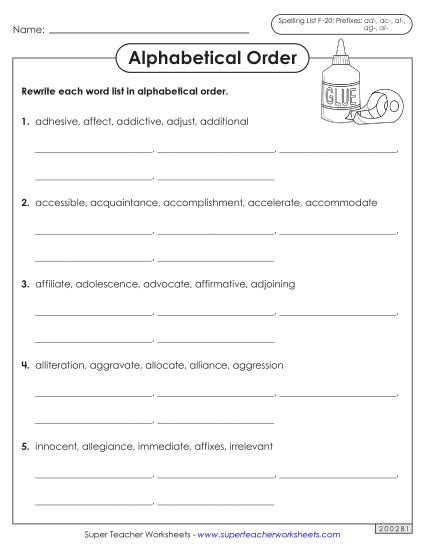 Alphabetical Order Worksheet (F-20)