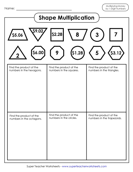 Shape Multiplication<br>(Money Times 1-Digit Number)