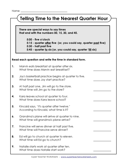 Time Worksheet (Quarter Hour)