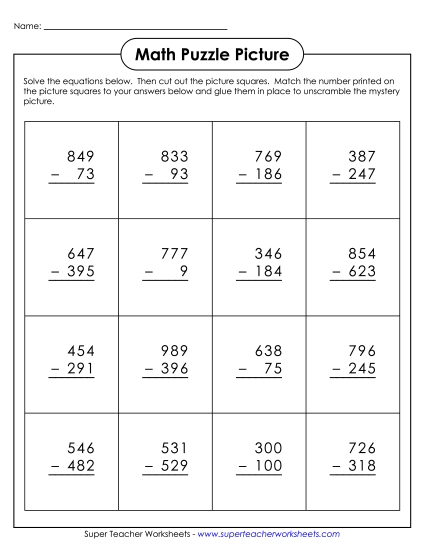 Math Puzzle Picture (Cut-and-Glue): 3-Digit Subtraction Worksheet
