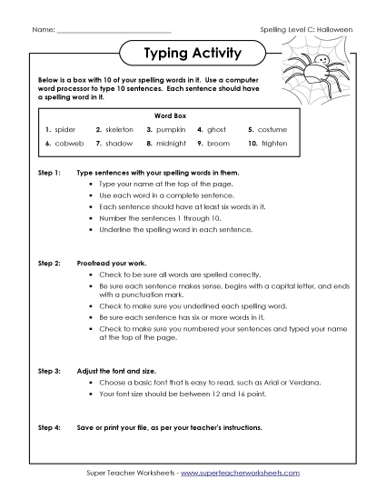 Typing Sentences (C-Halloween)  Spelling C Worksheet