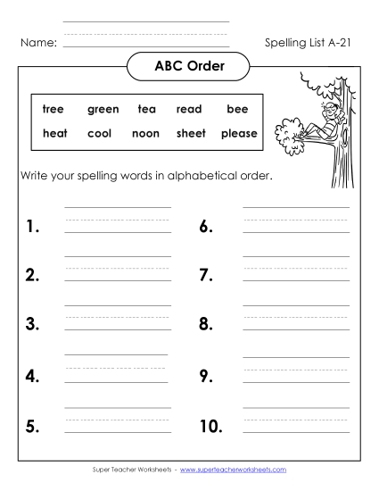 ABC Order: Write List (A-21)