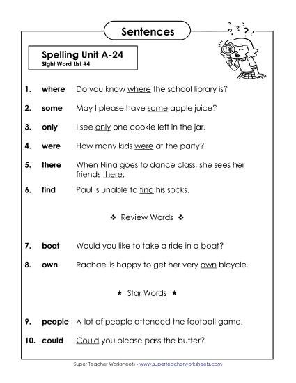Spelling Test Sentences (A-24) 