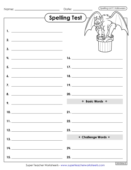 Spelling Test (Halloween) Spelling F Worksheet