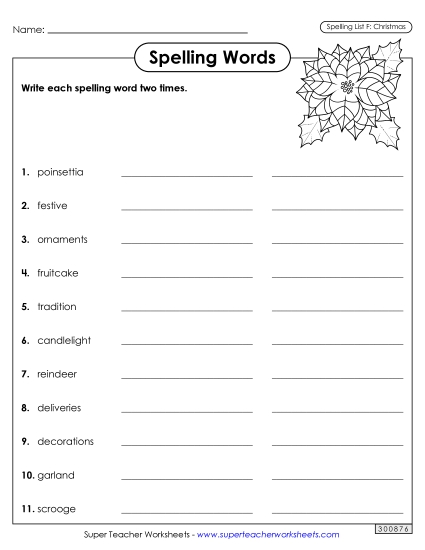 Write Words Twice (Christmas) Spelling F Worksheet