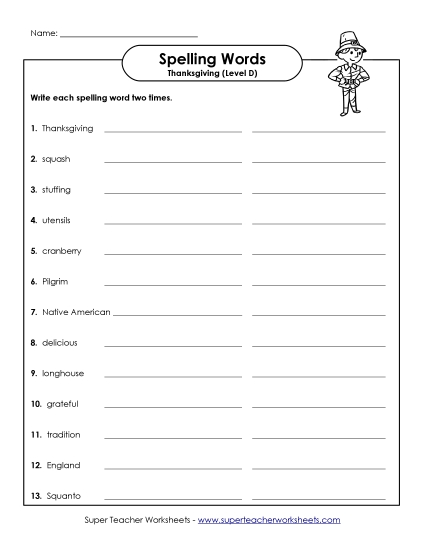 Write Twice (D-Thanksgiving) Spelling D Worksheet