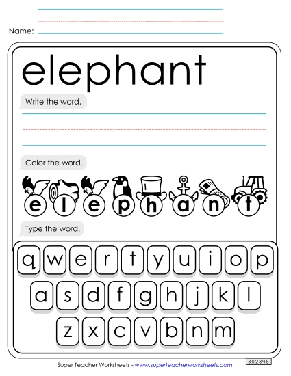 Write, Color, Type: Elephant