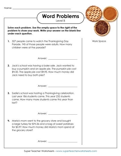 Mixed Math Word Problems (Level B) Thanksgiving Worksheet